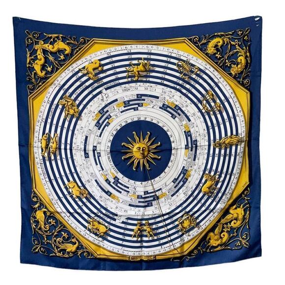 Vintage Hermès silk scarf Dies Et Hore Horoscope By Facconet Navy Blue Gold - Picture 1 of 15